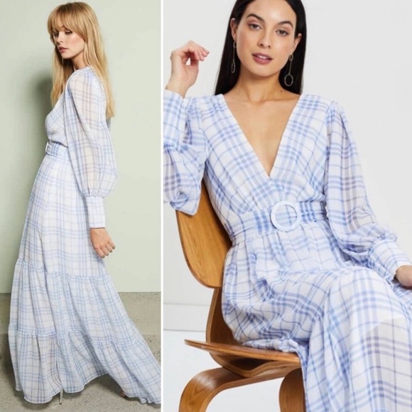 Bec + Bridge Alexa Blue White Gingham V Neck Belted Maxi Dress US 2 - Picture 4 of 14